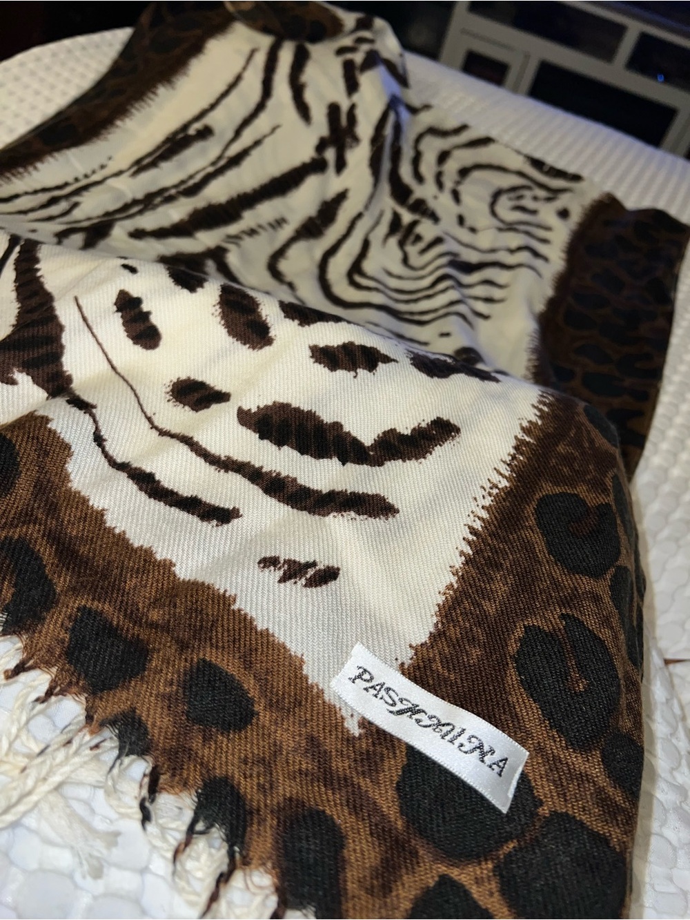 Pashmina Brown and Cream Animal Print Scarf - Home Accent 80”x52”